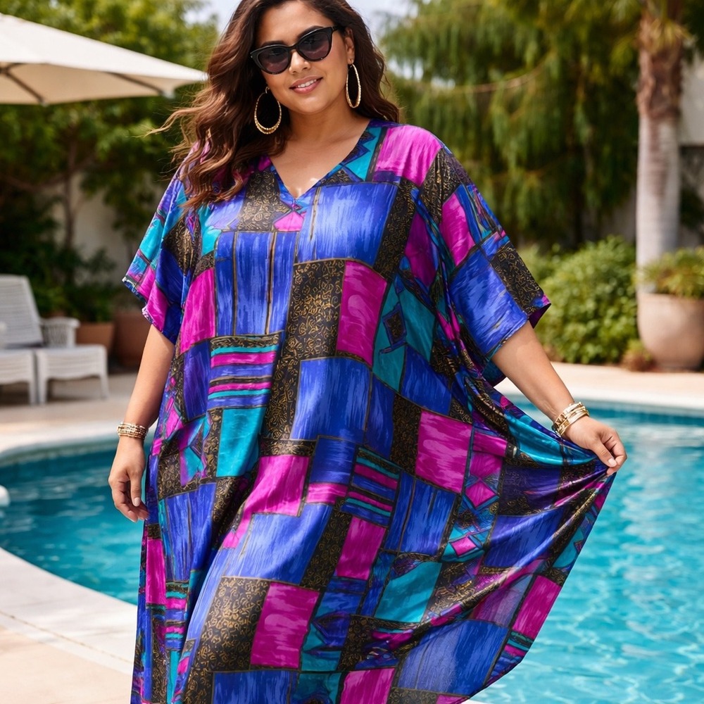 Winlar‎ Vintage Kaftan Lounger Blue Pink Geometric Print V-Neck One Size OSFM